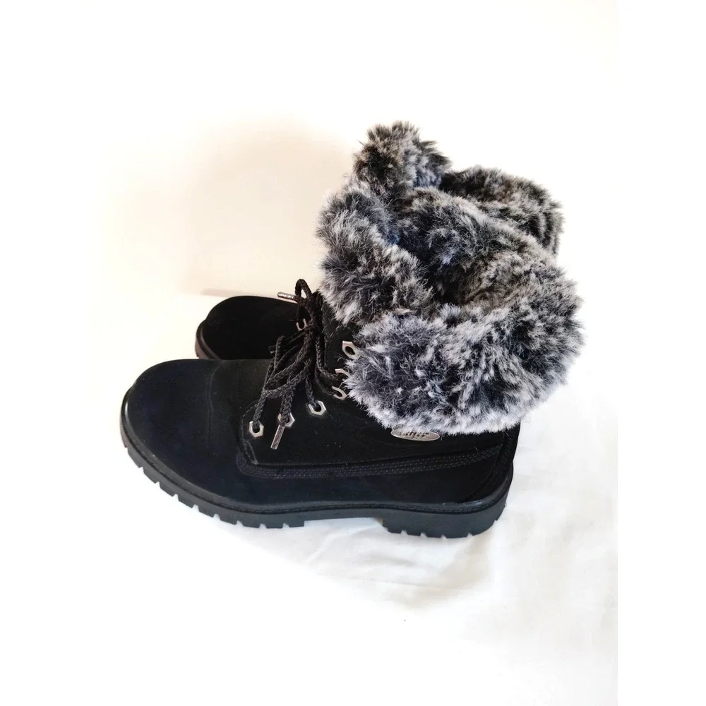 EUC-Lugz Convoy Women 8 Black Faux Fur Lace‑Up Western Winter Chunky Ankle Boots